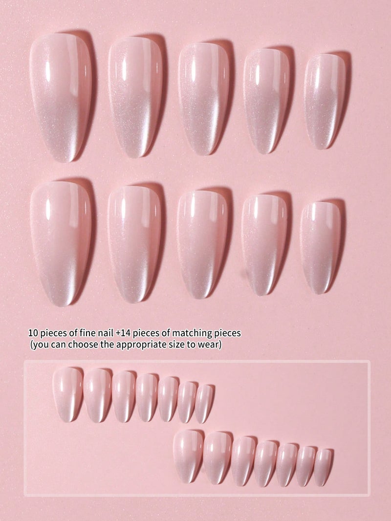 اظافر تركيب بشكل لوزي شفافة لامعة بتدرج لؤلؤي  - طقم اظافر تركيب 24 قطعة مع مبرد - Image 2